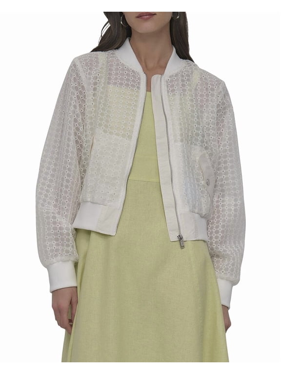 womens  Eyelet Organza Bomber Jacket, xs, White