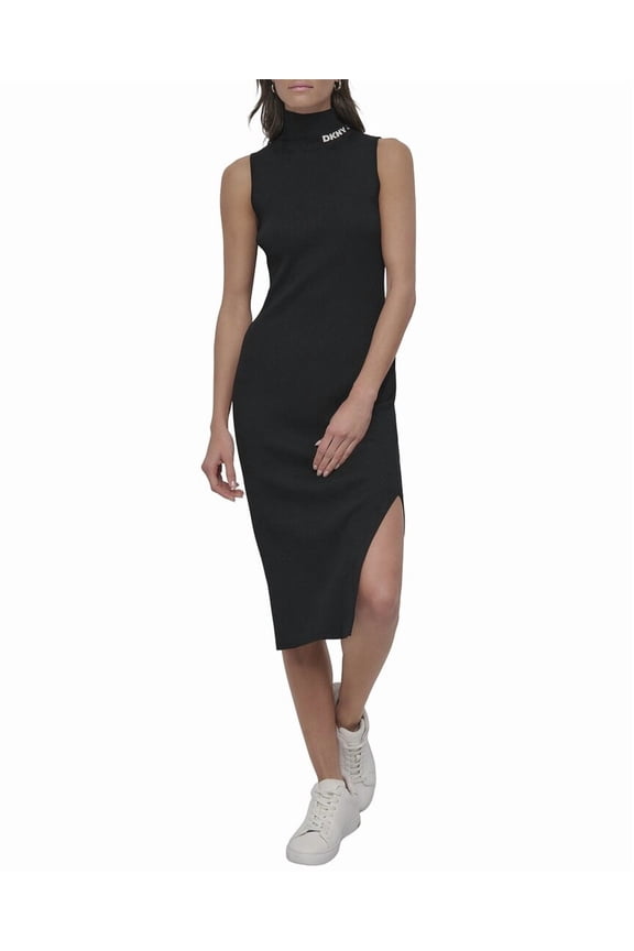 womens Neck Logo Rib Midi Dress, l, Black