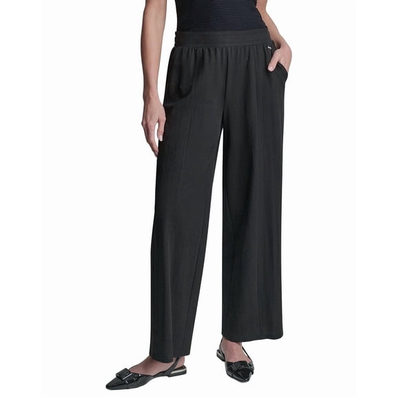 DKNY womens Pull-On Mini Logo Linen-Blend Pant, m, Black