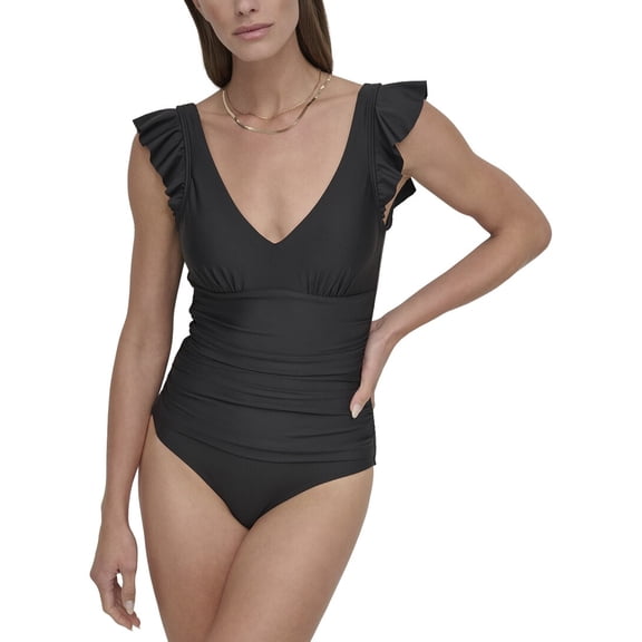 DKNY womens Ruffle Sleeve Swimsuit, xs, Black