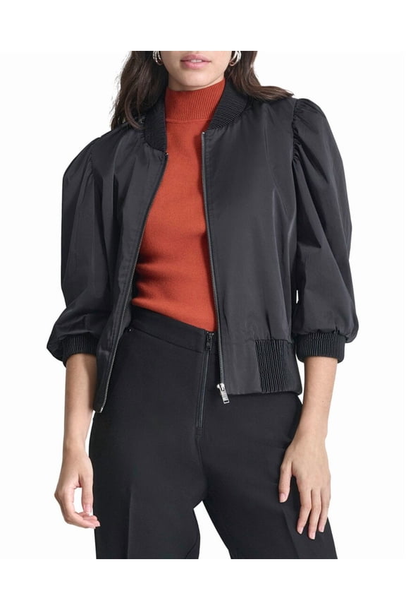 womens Shine Sateen Puff Sleeve Jacket, s, Black