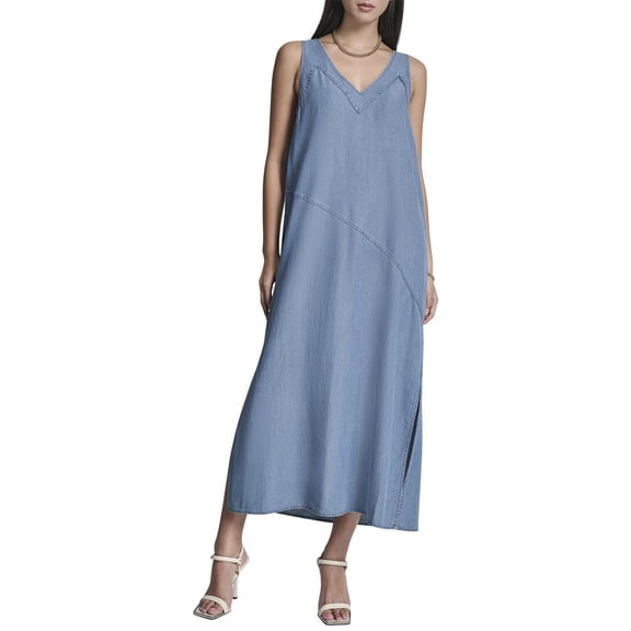 DKNY womens V-Neck Tencel Dress, s, Blue