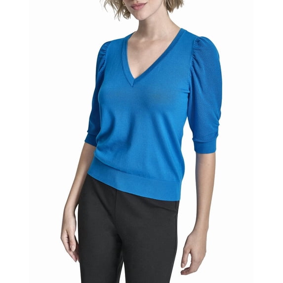 DKNY womens V-Neck Twist Sleeve Sweater, l, Blue