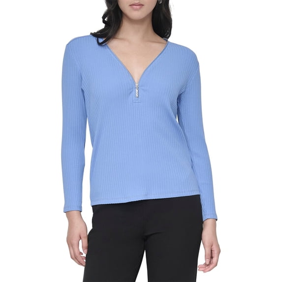 DKNY womens Zip V-Neck Top, s