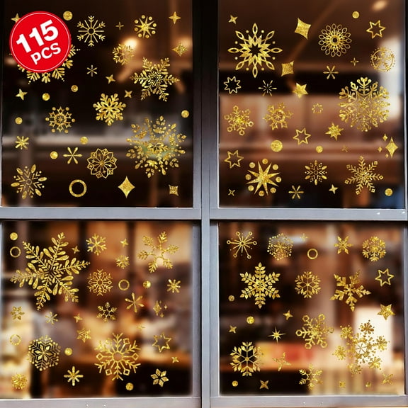 DKTIE 115pcs Christmas Window Stickers Set, 8 Golden Snowflake Pattern Window Stickers, Reusable Shiny Christmas Stickers Decorations for Winter Xmas Party