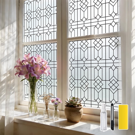 DKTIE 17.7" X 78.7" Diamond Geometric Pattern Privacy Window Film, With Sunshade And Uv Protection, Electrostatic Adsorption Installation, Reusable