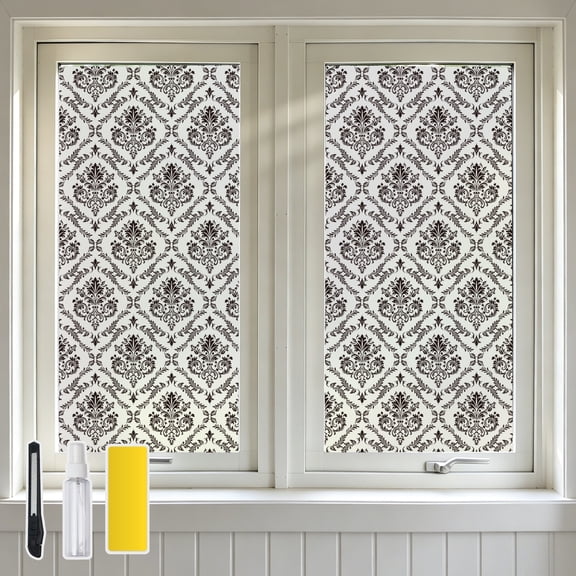 DKTIE 17.7" x 78.7" Black Damask Floral Privacy Window Film, Frosted Static Cling Window Film, UV Blocking Decorative Stained Glass Window Tint with Installation Tools for Home Bathroom