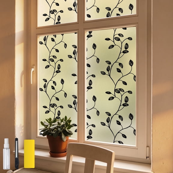 DKTIE 17.7" x 78.7" Black Leaf Vine Decorative Window Privacy Film, Static Cling Stained Glass Window Film, UV Blocking Frosted Window Tint with Installation Tools for Home Bathroom