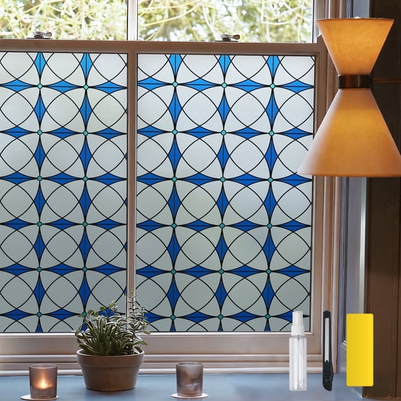 DKTIE 17.7" x 78.7" Blue Geometric Circular Decorative Window Privacy Film, Sunshade and UV Protection, Electrostatic Adhesive Installation, Reusable