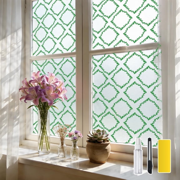 DKTIE 17.7" x 78.7" Botanical Lattice Window Film, Static Cling Privacy Cover, Anti-UV & Heat Blocking for Bathroom Bedroom