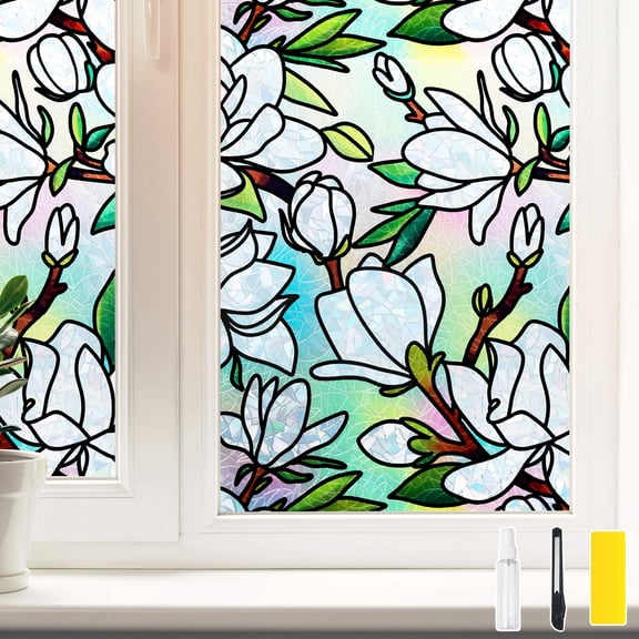 DKTIE 17.7" x 78.7" Colorful Orchid Pattern Decorative Privacy Window Film, Which Blocks Ultraviolet Rays and Is Installed By Electrostatic Adsorption, Suitable for Various Scenarios