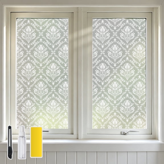 DKTIE 17.7" x 78.7" Damask Floral Privacy Window Film, White Pattern Frosted Static Cling Window Film, UV Blocking Decorative Stained Glass Window Tint with Installation Tools for Home Bathroom