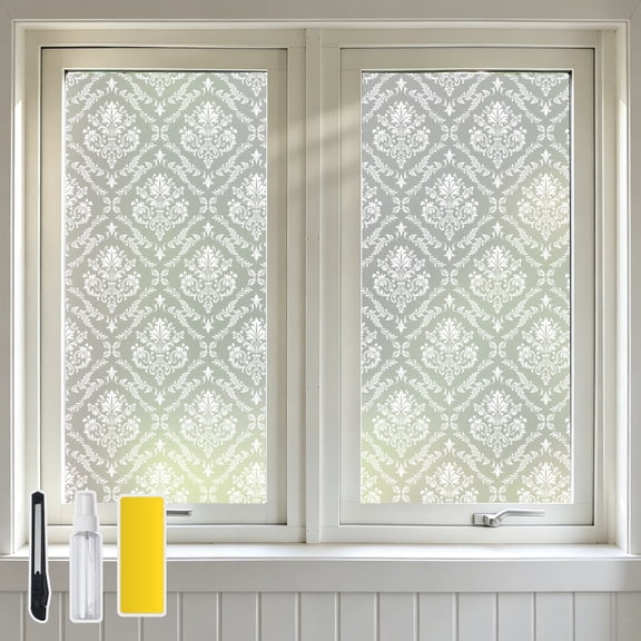 DKTIE 17.7" x 78.7" Damask Floral Privacy Window Film, White Pattern Frosted Static Cling Window Film, UV Blocking Decorative Stained Glass Window Tint with Installation Tools for Home Bathroom