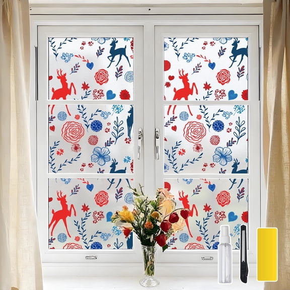 DKTIE 17.7" x 78.7" Forest Deer Pattern Decorative Colored Privacy Window Film, Providing Shade and UV Protection. Electrostatic Adsorption installation, Reusable, Applicable to any Window Scenario