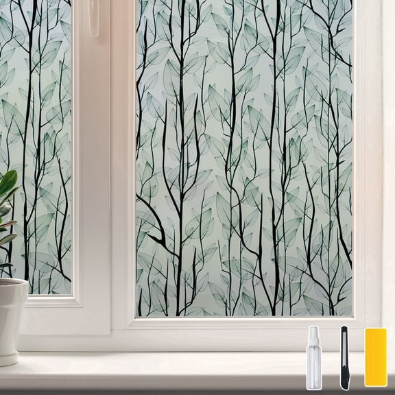 DKTIE 17.7" x 78.7" Green Leaf Pattern Decorative Window Film, Blocks Ultraviolet Rays, Electrostatically Adheres to the Surface, Comes with Installation Tools