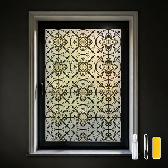 DKTIE 17.7" x 78.7" Non‑Adhesive Static Cling Window Film Retro Floral Tile Pattern, Light Filtering Privacy Window Decal for Living Room Bathroom