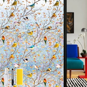 DKTIE 17.7" x 78.7" Rainbow Bird Resting Pattern Stained Glass Decorative Privacy Window Film, Anti-UV & Heat Blocking, Easy Install Electrostatic Cling, Deliver installation tools