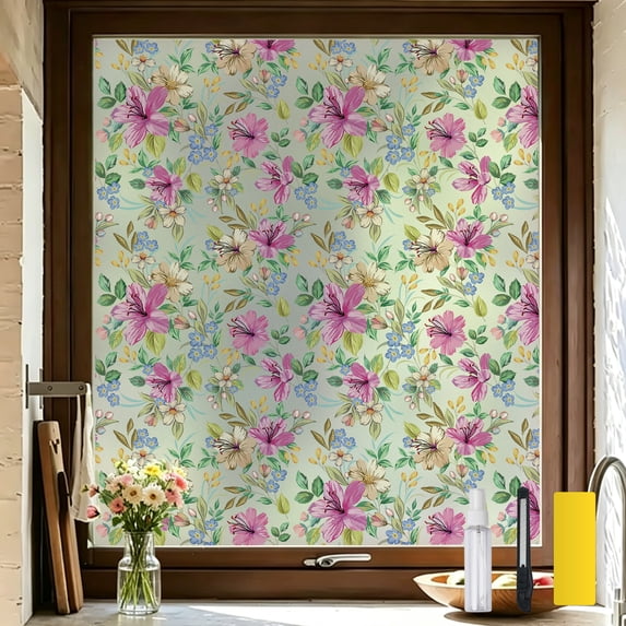 DKTIE 17.7" x 78.7" Watercolor Hibiscus Floral Window Privacy Film, Non-Adhesive Static Cling Decorative Stained Glass Window Cling for Home Decor