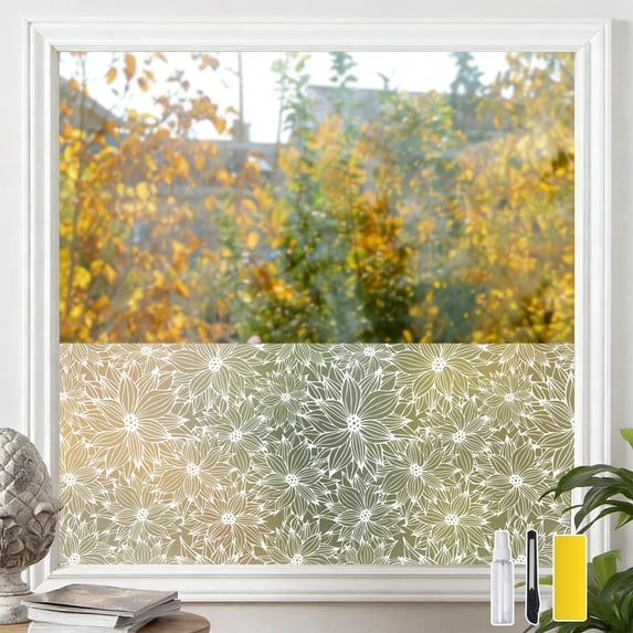 DKTIE 17.7" x 78.7" White Double-Sided Floral Pattern Window Film, Static Cling Privacy Sticker, Anti-UV Heat Control for Home