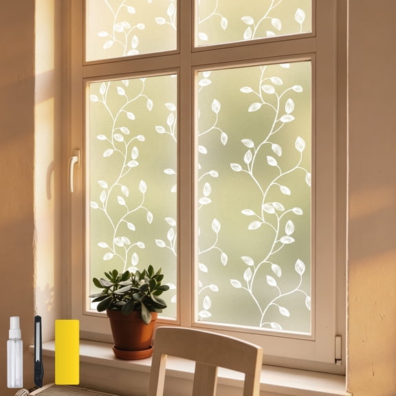 DKTIE 17.7" x 78.7" White Leaf Vine Decorative Window Privacy Film, Static Cling Stained Glass Window Film, UV Blocking Frosted Window Tint with Installation Tools for Home Bathroom