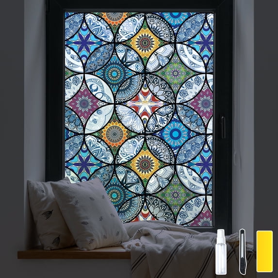 DKTIE 17.7"x78.7" Blue Bohemian Style Decorative Sunshade Privacy Window Film, UV & Heat Protection, Static Cling & Removable | for Home, Balcony