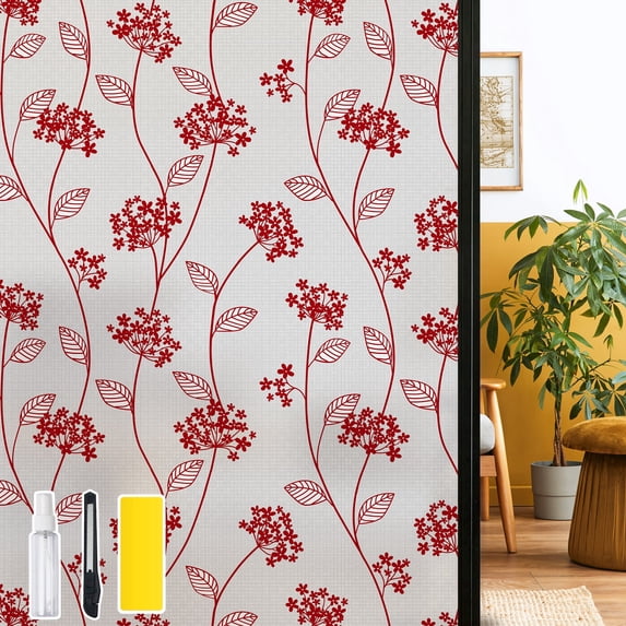 DKTIE 17.7"x78.7" Red-Golden Elegant Floral Pattern Canvas Texture Decorative Frosted Window Film , Two-Way Privacy Protection, UV Radiation Block, Easy Electrostatic Installation