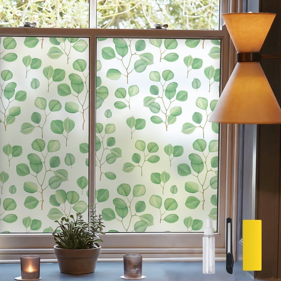 DKTIE 17.7" x 78.7" Mint Leaf Pattern Texture Sunshade Window Film, Electrostatic Adsorption Window Film Suitable for Home, Exquisite and Beautiful, Detachable
