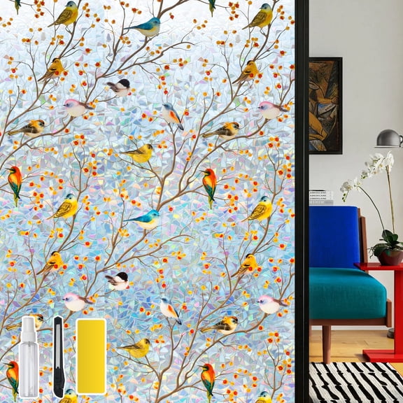DKTIE 35.4" x 78.7" Rainbow Bird Resting Pattern Stained Glass Decorative Privacy Window Film, Anti-UV & Heat Blocking, Easy Install Electrostatic Cling, Deliver installation tools