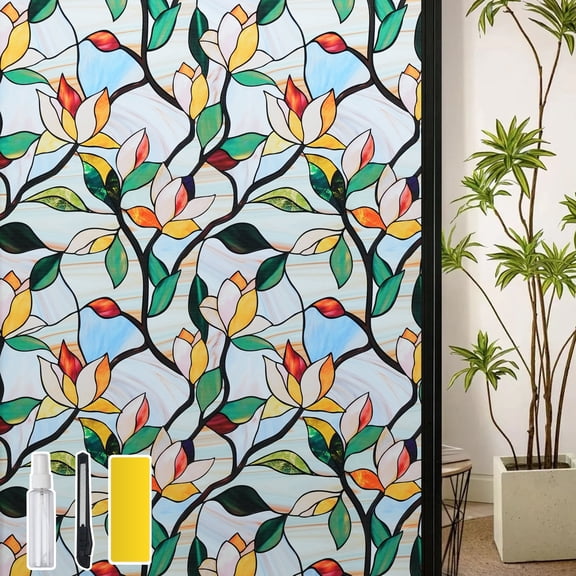 DKTIE 35.4" x 78.7" Vibrant Floral Decorative Window Film – Privacy Protection, UV Blocking, Static Cling, Easy Install with Tools Included