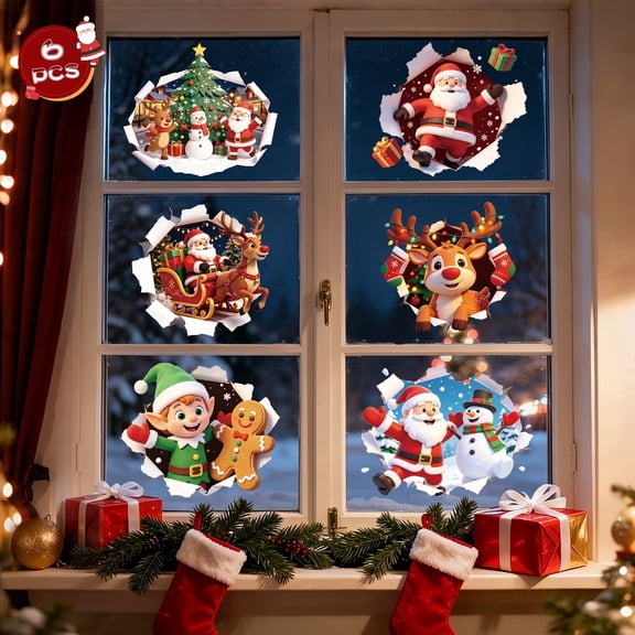 DKTIE 6PCS 3D Break Through Christmas Window Clings, Santa Reindeer Snowman Elf Static Window Stickers, No Glue Reusable Xmas Glass Decorations for Home Bathroom Window Holiday Decor