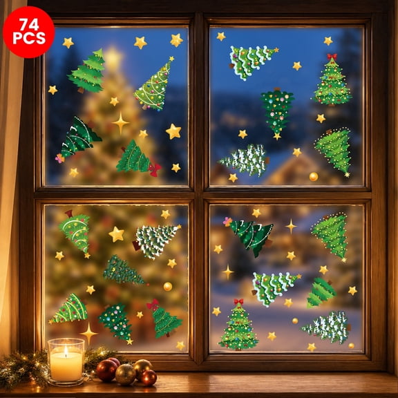DKTIE 74PCS Christmas Tree Static Window Clings, Colorful Xmas Tree Gold Star Window Stickers, Reusable No Glue Christmas Window Decals for Home Glass Holiday Decorations