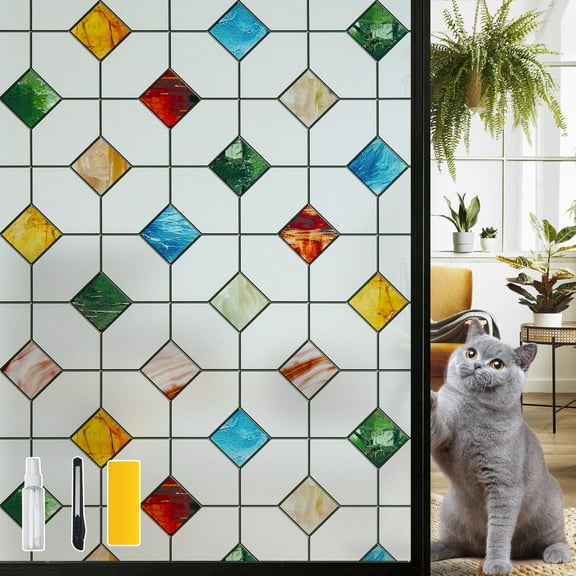DKTIE 17.7" x 78.7" Agate Stone Lattice Pattern Stained Glass Privacy Window Film, Anti-UV & Heat Blocking, Easy Install Electrostatic Cling, Deliver installation tools