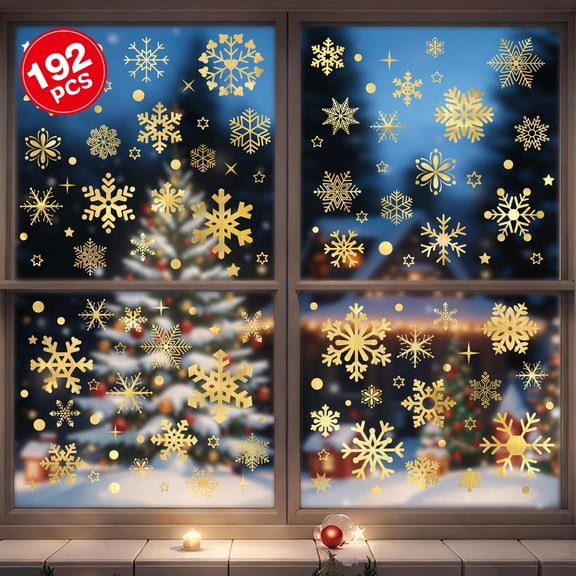 DKTIE 192pcs Christmas Window Stickers Set - 8 Golden Snowflake Patterns | Detachable Decorative Decals for Holiday Decor