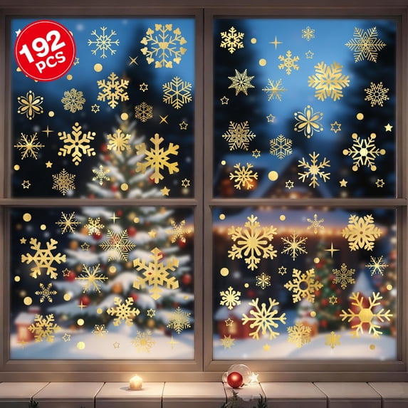 DKTIE 192pcs Christmas Window Stickers Set - 8 Golden Snowflake Patterns | Detachable Decorative Decals for Holiday Decor