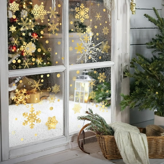 DKTIE 192pcs Christmas Window Stickers Set - 8 Golden Snowflake Patterns | Detachable Decorative Decals for Holiday Decor