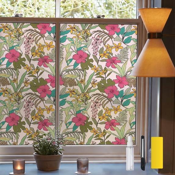 DKTIE 17.7"x78.7" Decorative Window Privacy Film with Floral Texture Pattern, Which Can Protect Against UV Rays, Static Electricity and Heat,Is Detachable and Suitable for Bedrooms and Balconies