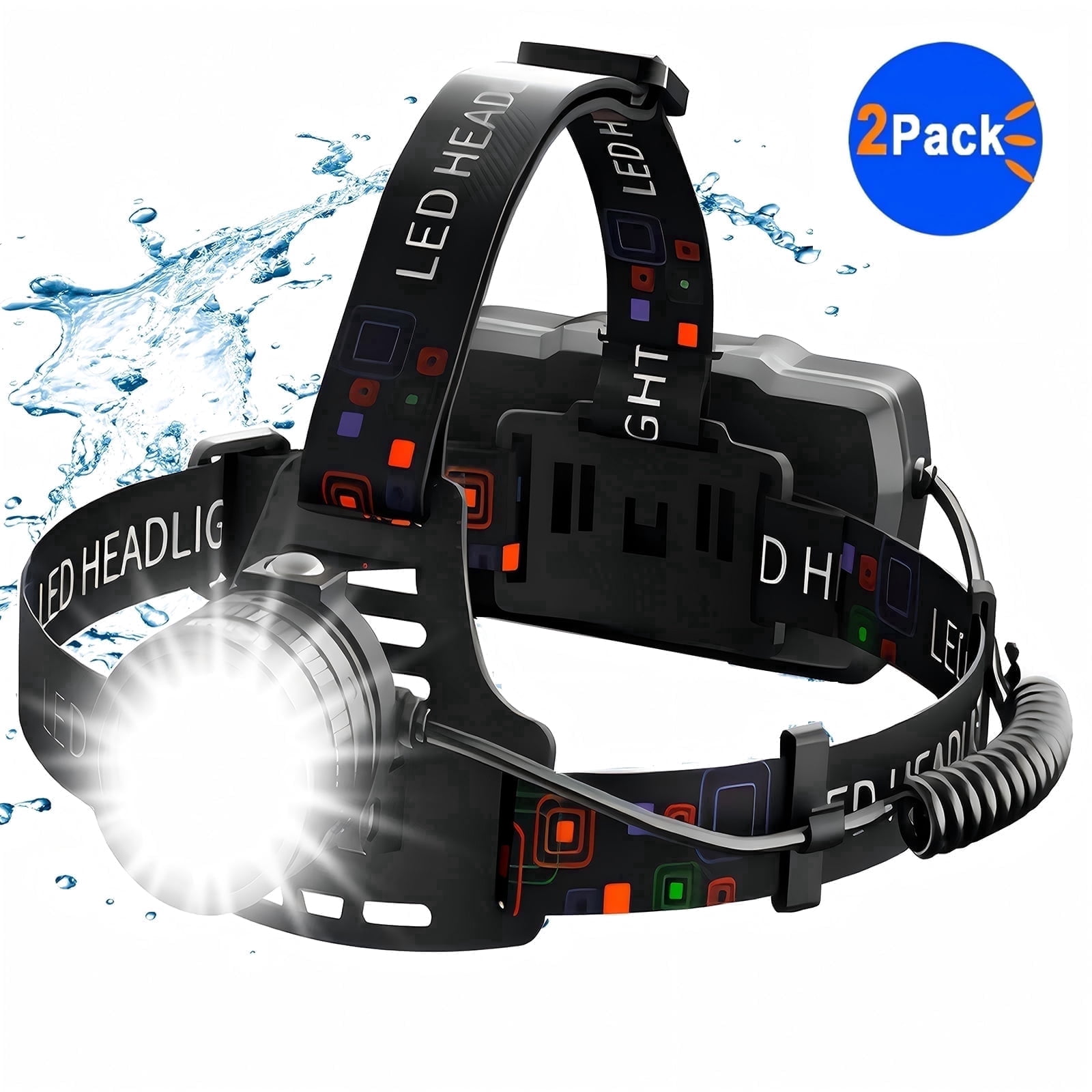 DKTIOP Headlamps Rechargeable 100000Lux Super Bright, LED Head Lamp with 3 Modes for Camping & Hiking Gear Essentials, IPX4 Waterproof Flashlights with Adjustable Headband,USB Cable Included（2-pack）
