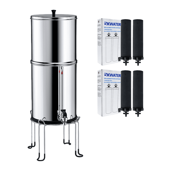 DKWATER Gravity-Fed Water Purifier, 2.25-Gallon Stainless Steel System with 4 Filters, Metal Spigot & Stand