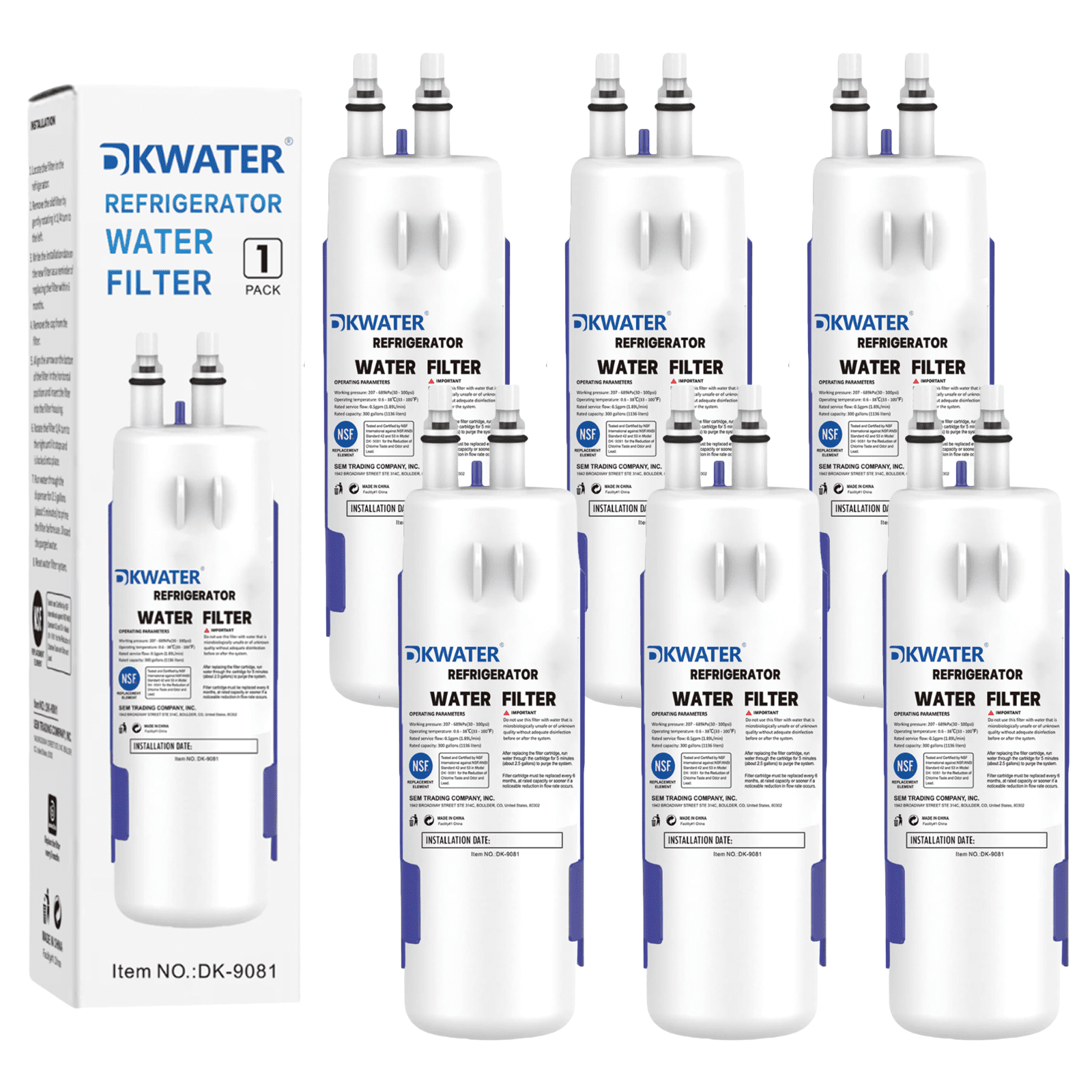 DKWATER NSF Certified Carbon Refrigerator Water Filter 6-Pack Compatible with W10295370A, EDR1RXD1B, 9081