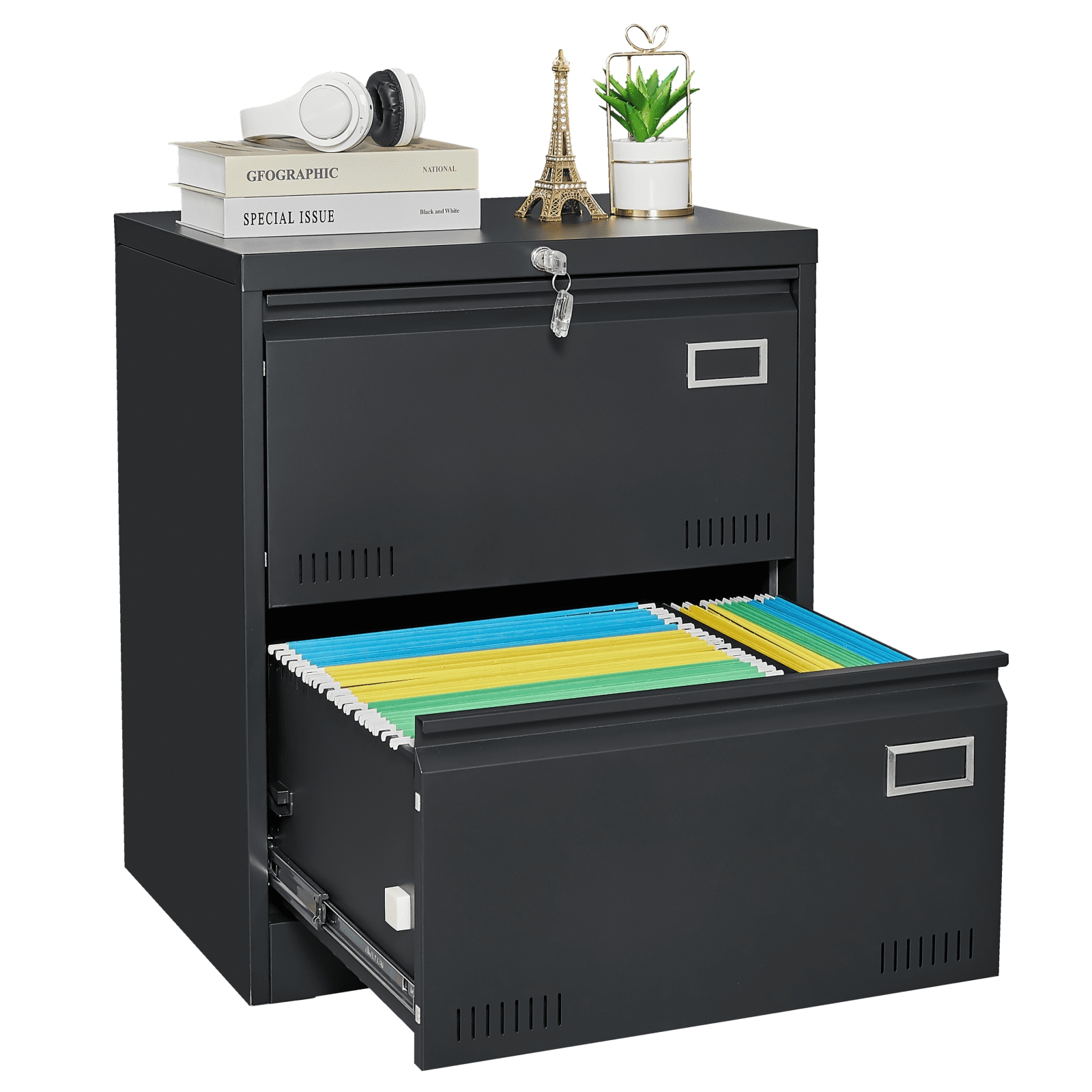 Black Metal Lockable 2-Drawer Lateral Filing Cabinet