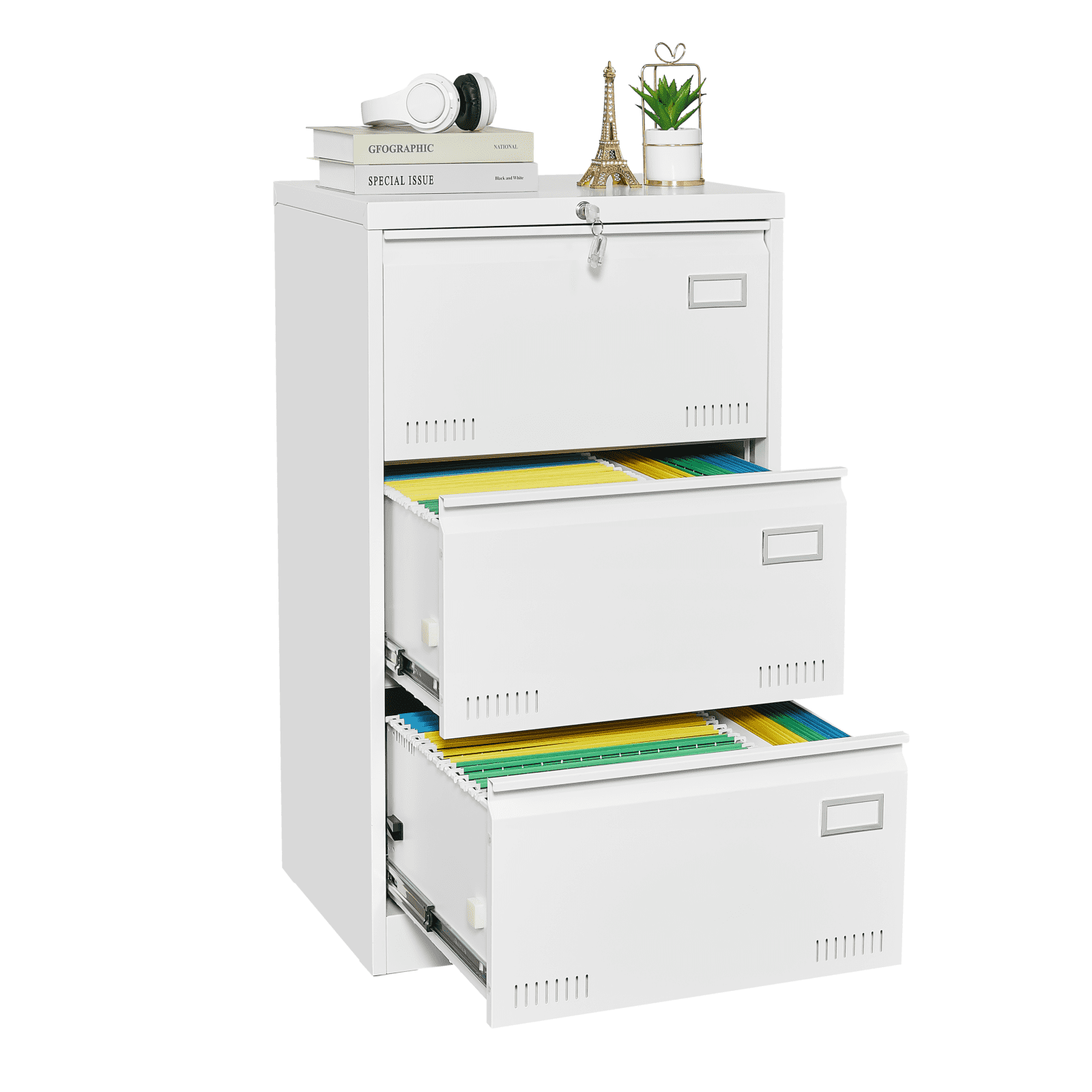 DKYNDSYN 3 Drawer Lateral File Cabinet with Lock for Home Office, Letter/Legal/A4/F4 Size, White