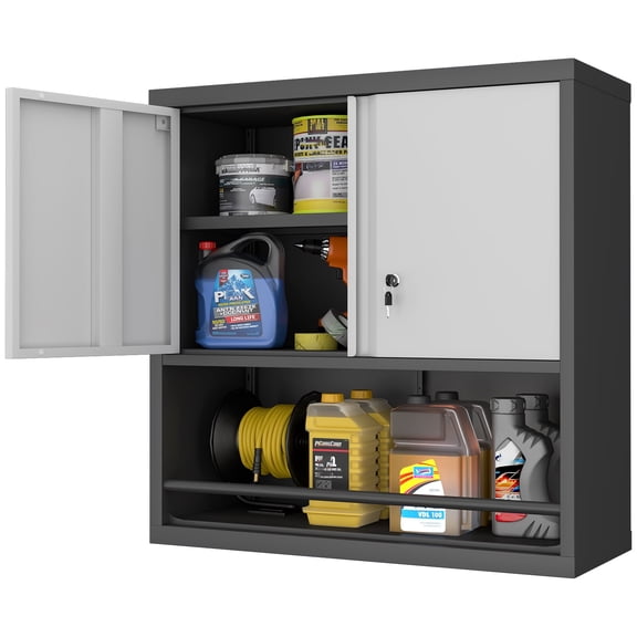 DKYNDSYN Metal Garage Wall Cabinet with Lockable Door and Adjustable Shelf, Wall Mounted Upper Storage Cabinet, Floating Tool Cabinet with Open Storage for Kitchen Office Laundry, Black&Grey