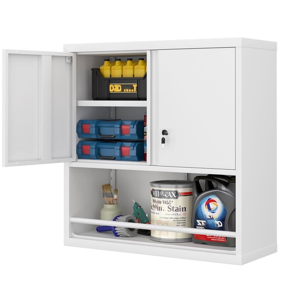DKYNDSYN Metal Garage Wall Cabinet with Lockable Doors and Adjustable Shelf, Wall Mounted Steel Storage Cabinet, Floating Tool Cabinets with Open Storage for Kitchen Warehouse Office Laundry, White