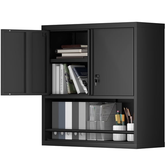 DKYNDSYN Metal Garage Wall Cabinet with Lockable Doors and Adjustable Shelf, Wall Mounted Upper Storage Cabinets, Floating Tool Cabinet with Open Storage for Kitchen Warehouse Office Laundry, Black