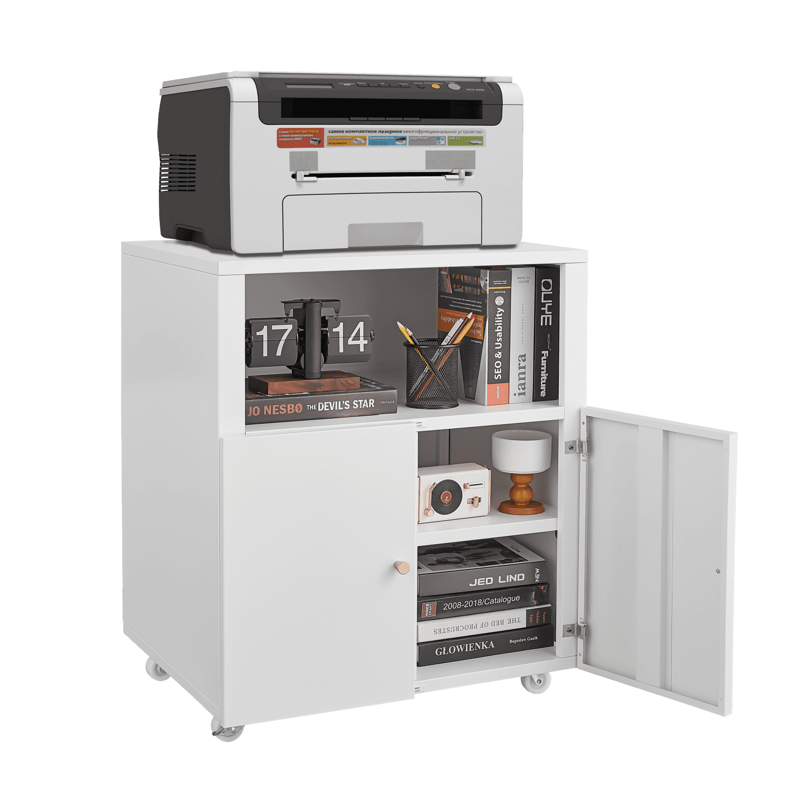 White Metal Rolling Printer Stand with Adjustable Shelves and Storage Cabinet