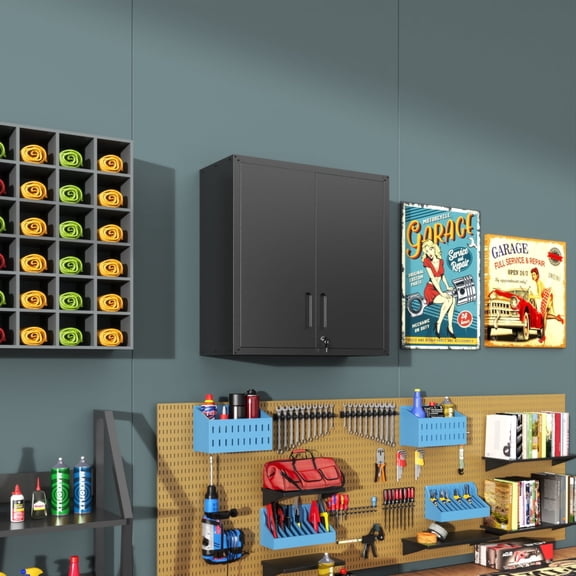 DKYNDSYN Metal Wall Storage Cabinet with Doors and Adjustable Shelf, 30''H Wall Mounted Lockable Floating Steel Garage Tool Cabinet for Garage Basement Kitchen Warehouse Workshop (Black)