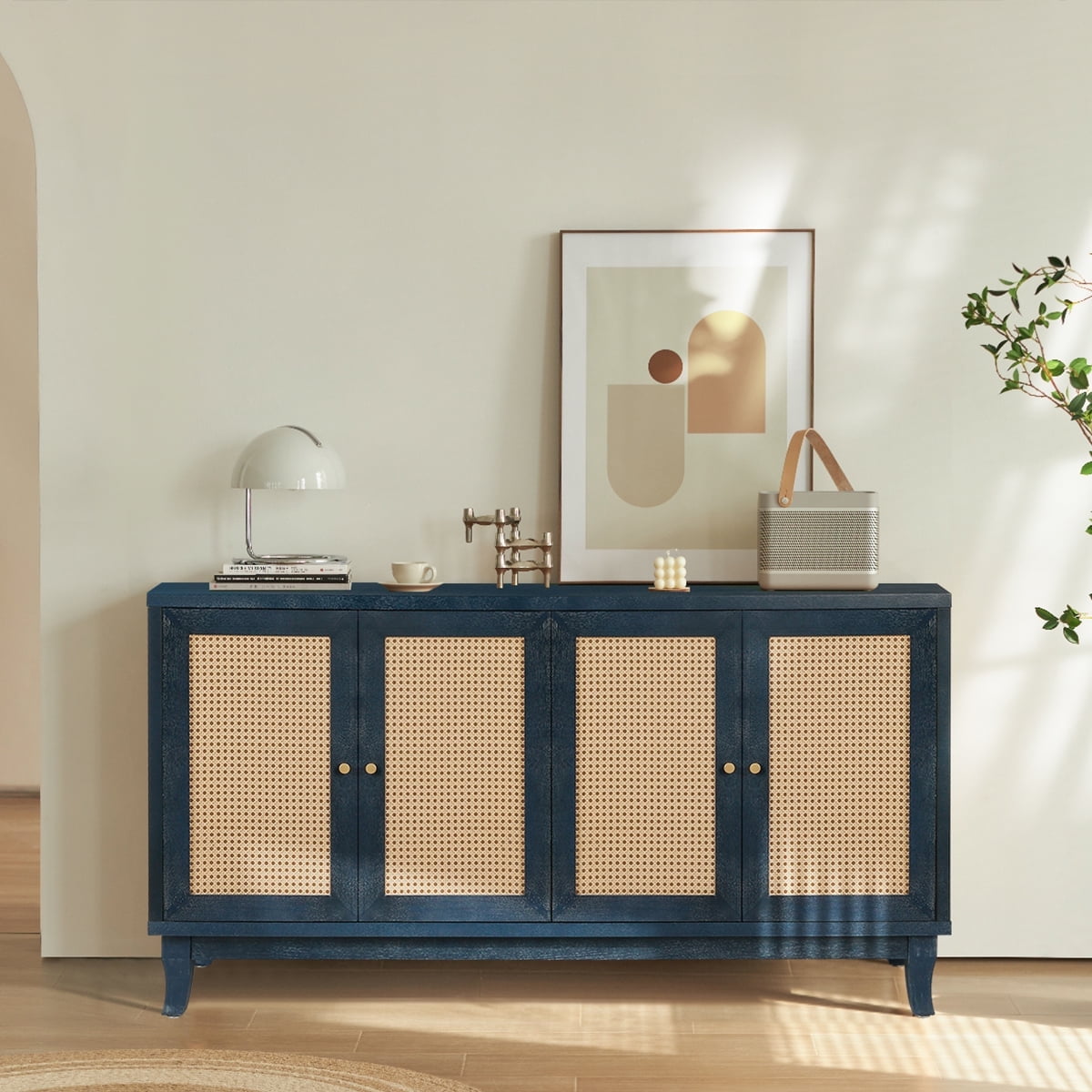 Antique Navy Blue Rattan Sideboard Buffet Cabinet with Adjustable Shelves