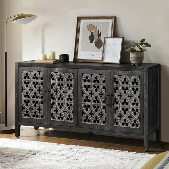 DKYNDSYN Rustic Wooden Sideboard Buffet Cabinet with 4 Hollow Doors, MDF with Pine Veneer, Adjustable Shelves, Black