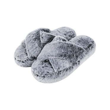 DL Fluffy Womens House Slippers Cross Band Open Toe Bedroom Slippers Fuzzy