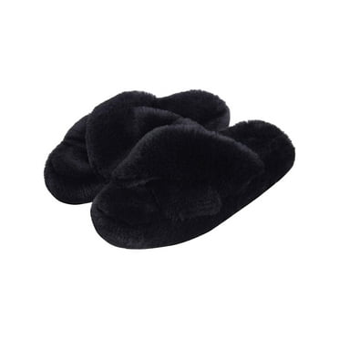 DL Fluffy Womens House Slippers Cross Band Open Toe Bedroom Slippers Fuzzy